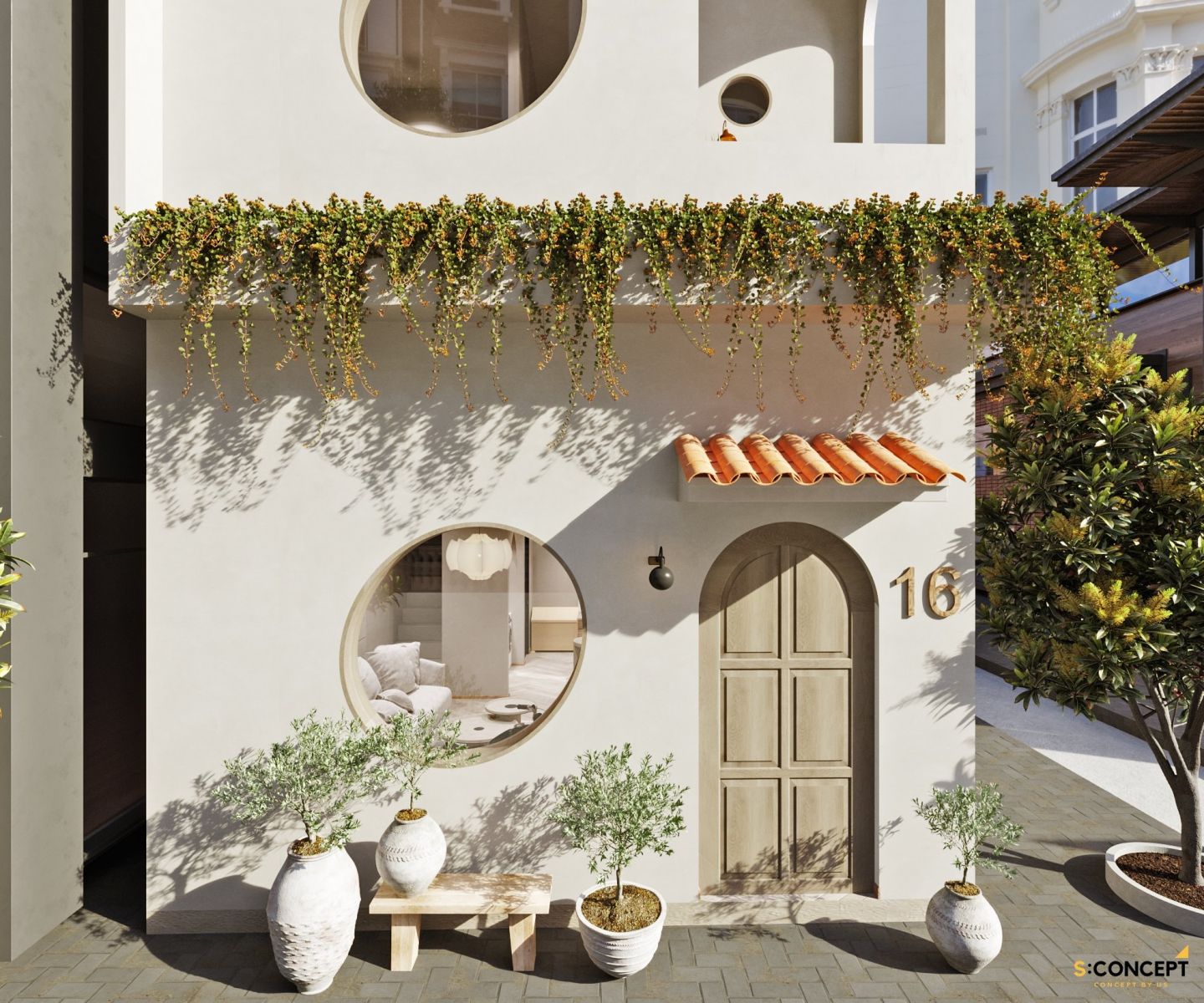 Thiết kế tạo cảm giác nguyên sơ, mộc mạc, hài hòa trong sắc xanh của lá tạo nên một vẻ đẹp có chút thơ, giống như bước ra từ truyện cổ tích. Màu sắc “trà sữa” khiến ngôi nhà càng trở nên ấm cúng và ngọt ngào