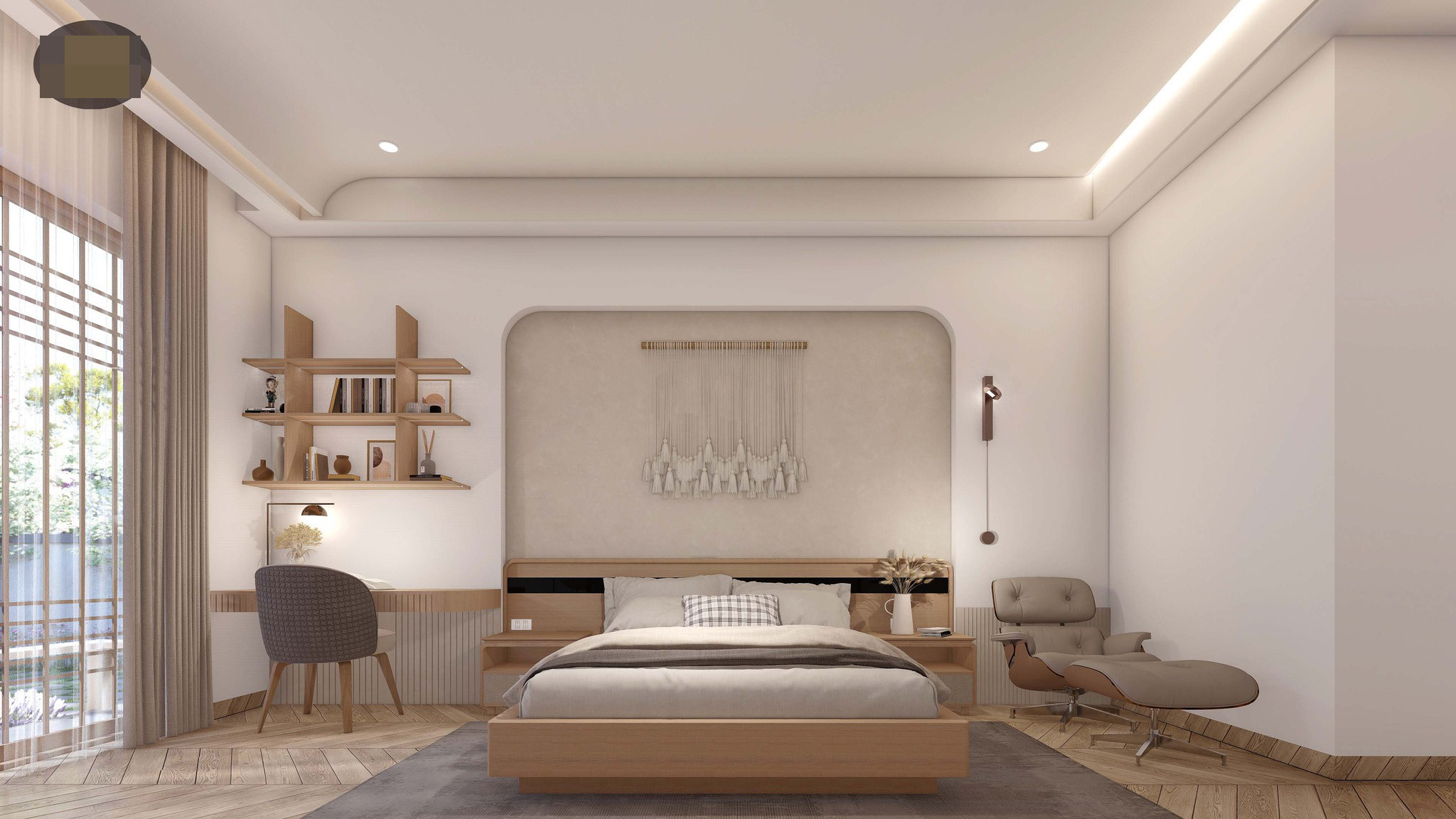 Phòng ngủ master rộng, có khu vệ sinh riêng, phòng thay đồ sang trọng và một góc chill nhìn ra vườn. 