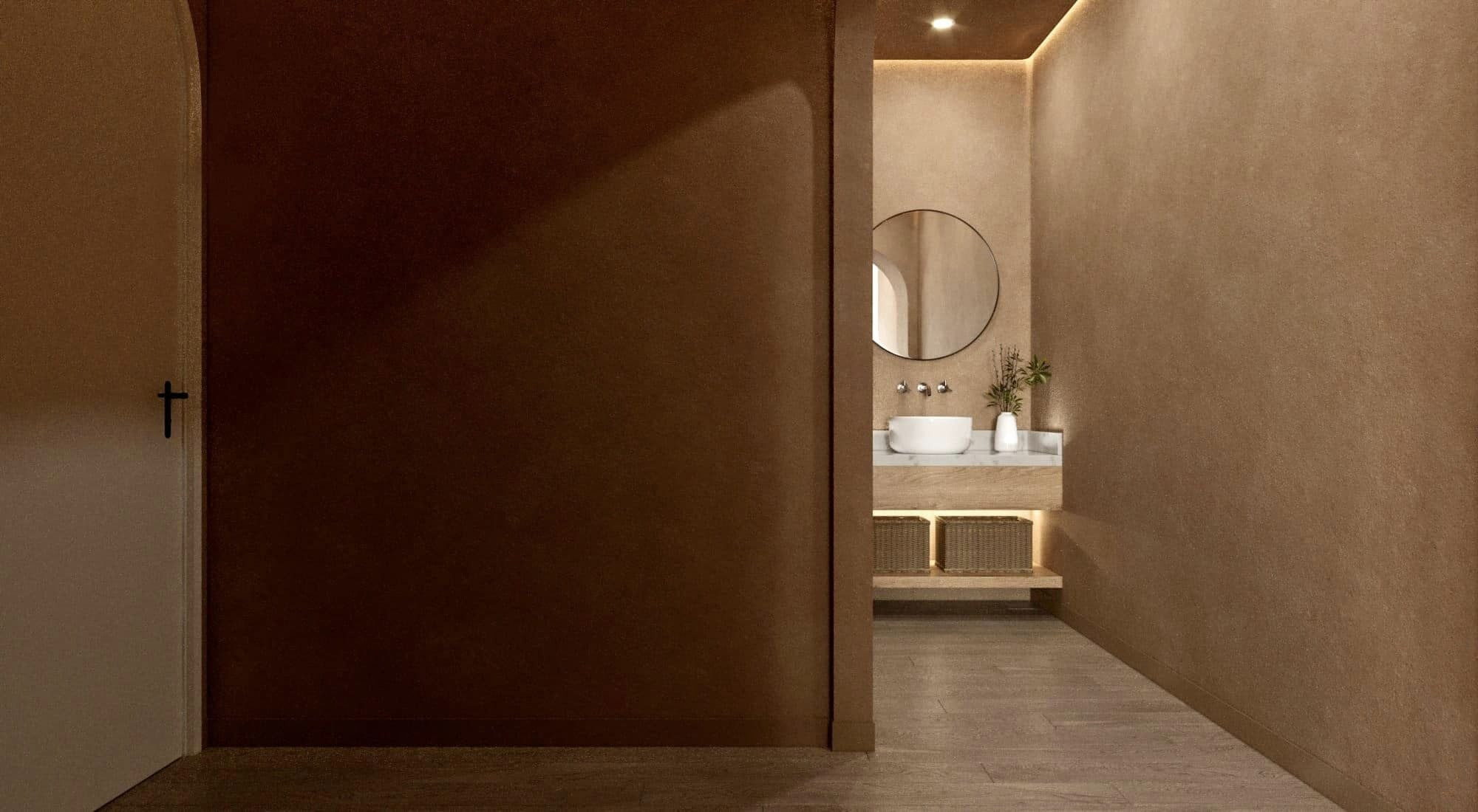 Khu vệ sinh với mảng tường sơn hiệu ứng, tạo vân công phu. Bồn rửa lắp bên ngoài khu vệ sinh để gia chủ tiện sử dụng. 