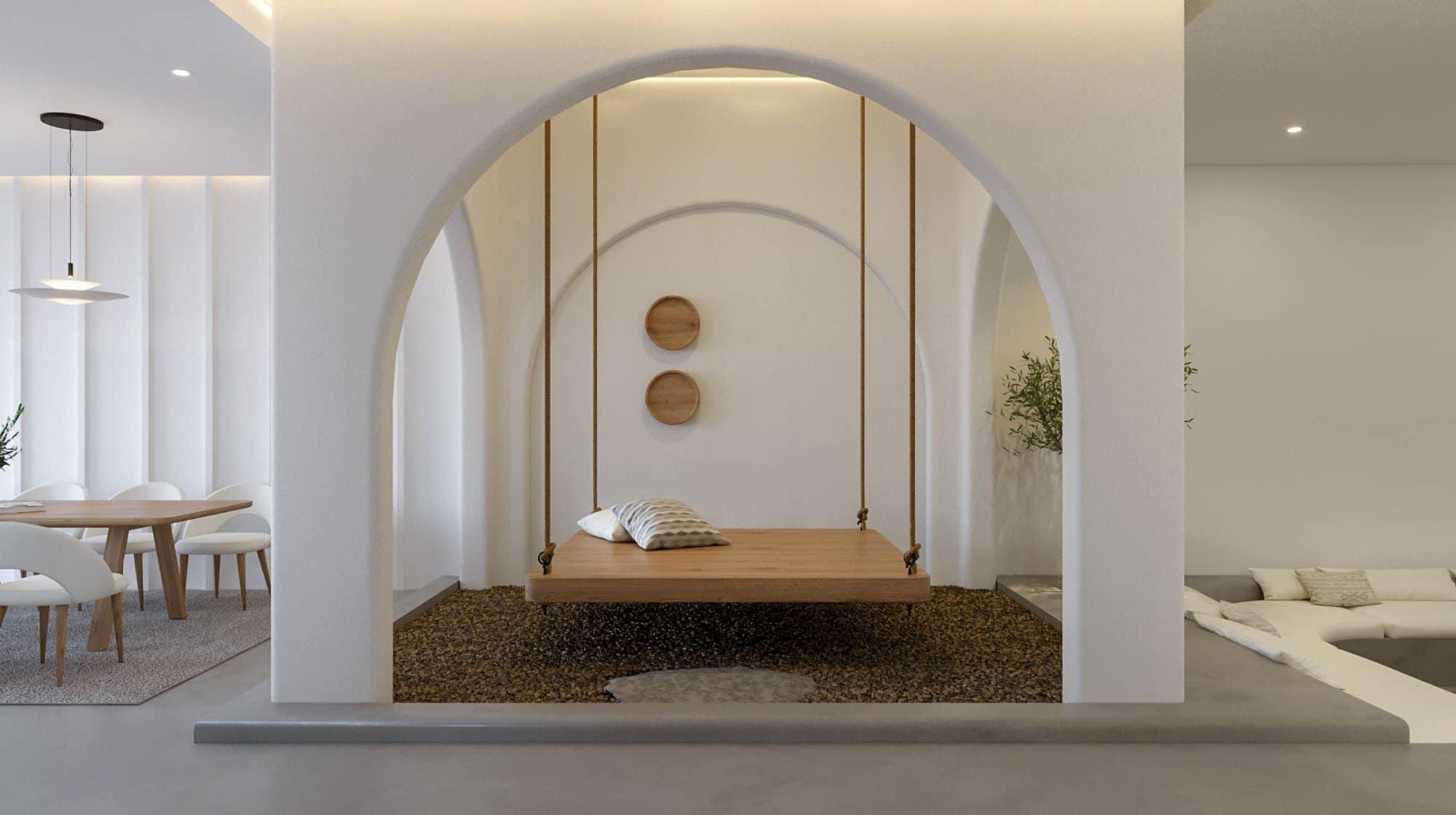 Xích đu kết nối giữa khu tiếp khách và bàn ăn. Một chiếc xích đu lớn, có thể ngả lưng, rất thú vị nếu nghỉ ngơi, đọc sách ở đây. Phía dưới xích đu là lớp sỏi mát xa màu nâu vàng. 