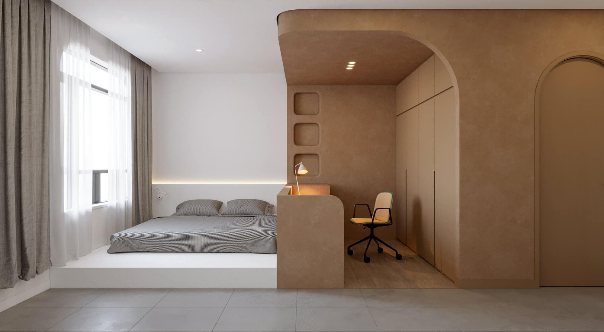 Phòng ngủ kết hợp nơi làm việc với gam màu trắng và gỗ vàng để phân biệt hai không gian. Hệ thống tủ làm âm để tạo cảm giác phòng rộng rãi, gọn gàng.