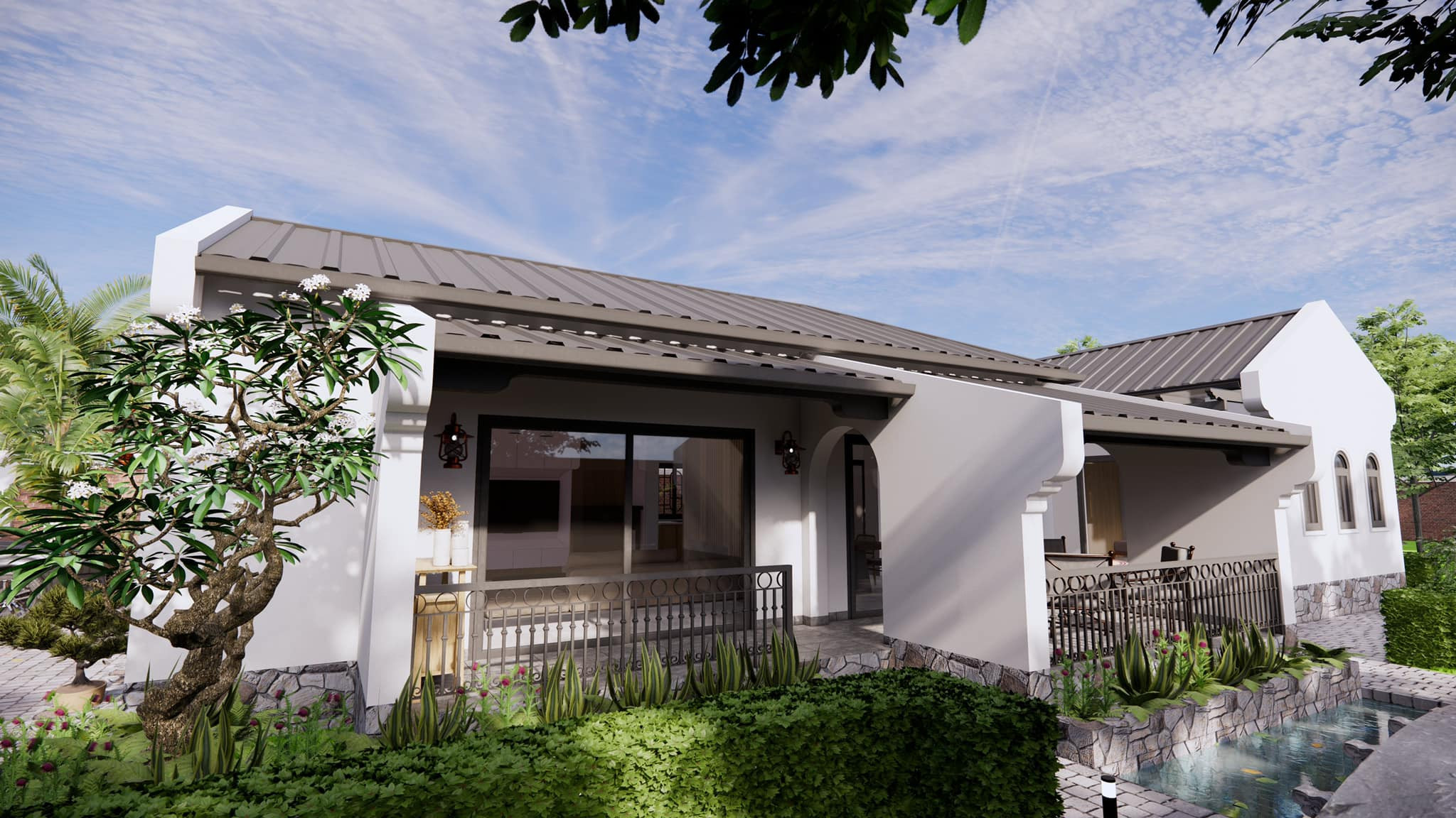 Hàng rào cây được tỉa tót đẹp mắt. Ngoài kiến trúc hoài cổ, anh Tín áp dụng vật liệu hiện đại là nhôm kính để tạo độ thoáng đãng, sang trọng cho công trình. 