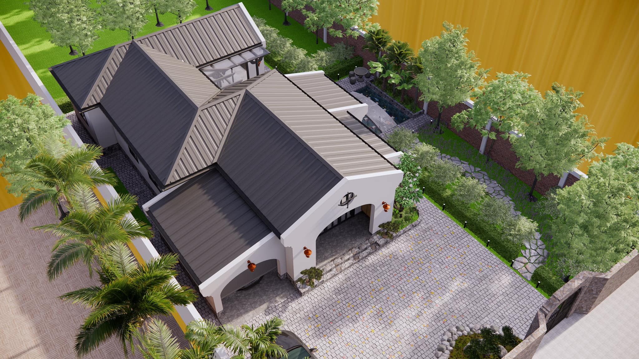 Ngôi nhà sử dụng mái dốc, chống nóng với khoảng sân rộng rãi làm chỗ đậu xe hoặc tổ chức những bữa tiệc ngoài trời. Nền lát đá mát mẻ, chống trơn trượt. 