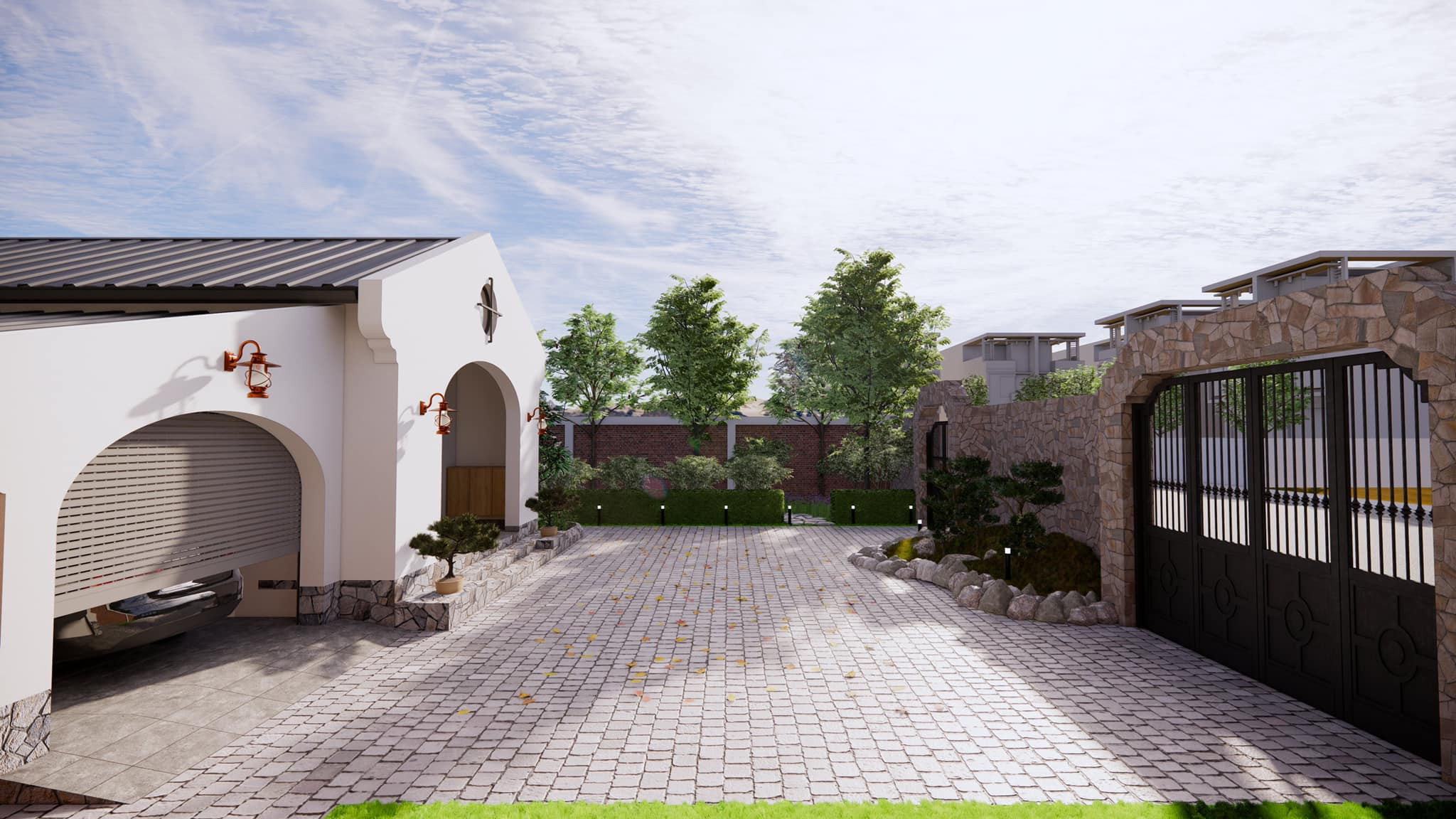 Nhà có sân vườn phía trước, bên cạnh và phía sau, tạo thành một "màng bọc" bằng cây xanh, lọc bụi, thông khí cho không gian. Phần hông nhà, kiến trúc sư bố trí thành hiên ngồi nghỉ ngơi, thư giãn và view nhìn ra vườn cây. 