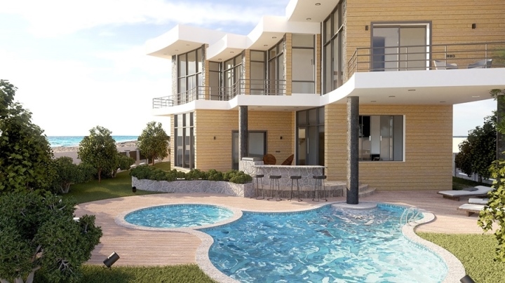 Sở hữu lối kiến trúc lạ lẫm, bao quanh là sân vườn rộng lớn, căn biệt thự khoe trọn vẻ đẹp giữa biển khơi. Hình dáng hồ bơi cũng là một trong những điểm nhấn của ngôi nhà. (Ảnh: Nhaxinhdesign)