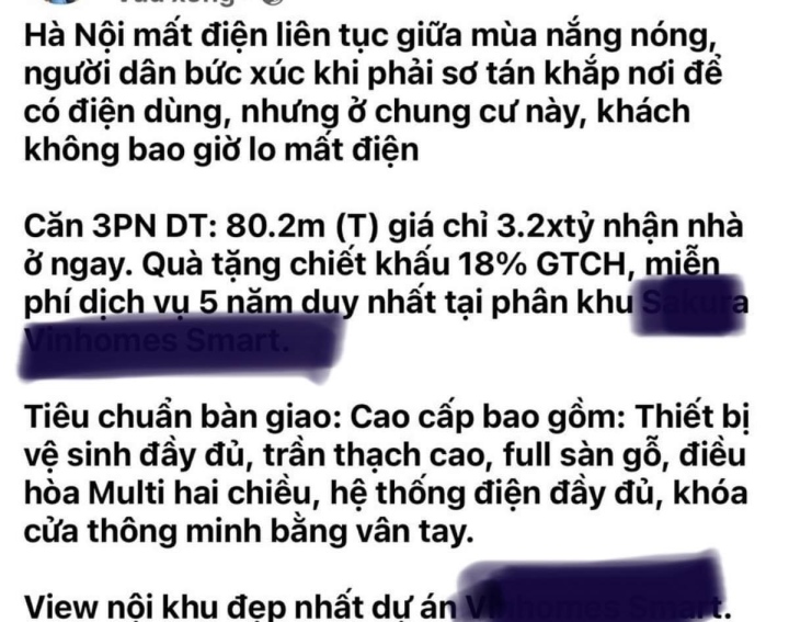 Thông tin bán nhà không lo mất điện của một môi giới. (Ảnh chụp màn hình)