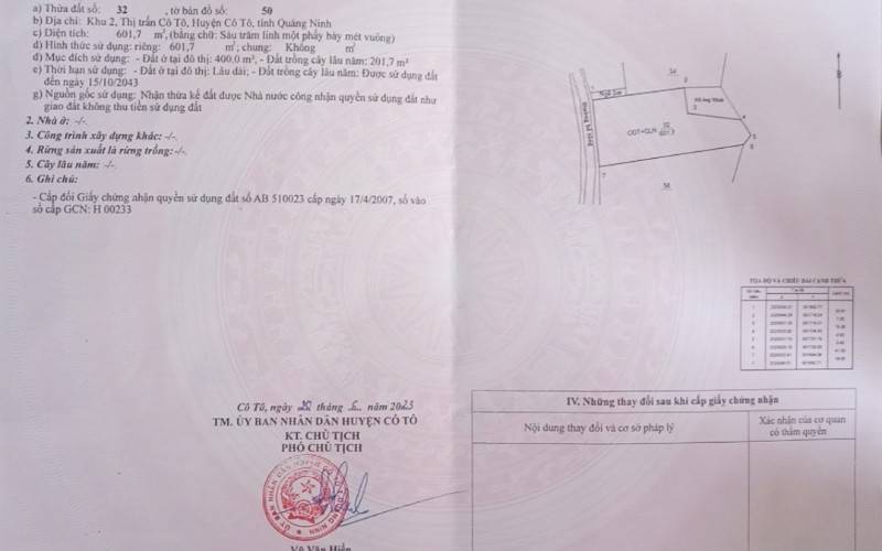 Chính chủ cần bán thửa đất tại Trung tâm thị trấn Cô Tô, huyện Cô tô