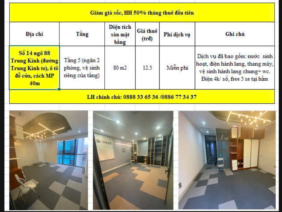 Chính chủ cho thuê văn phòng tại số 14 ngõ 88 Phố Trung Kính (đường đôi)- Cầu Giấy- Giá rẻ